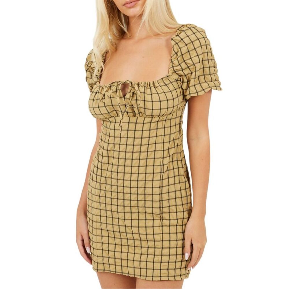 Brave Soul Womens/Ladies Checked Square Neck Puff Sleeve Mini Dress / Mustard/Bl